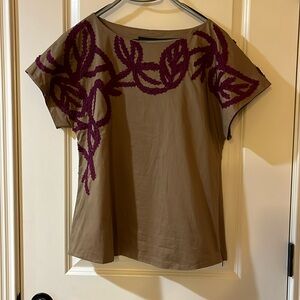 Lafayette 148 New York Brown Top with Purple Leaf Design